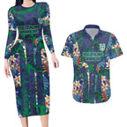 New Zealand Warriors Couples Matching Long Sleeve Bodycon Dress and Hawaiian Shirt Tropical Polynesian Floral Pattern With Green And Blue Accents