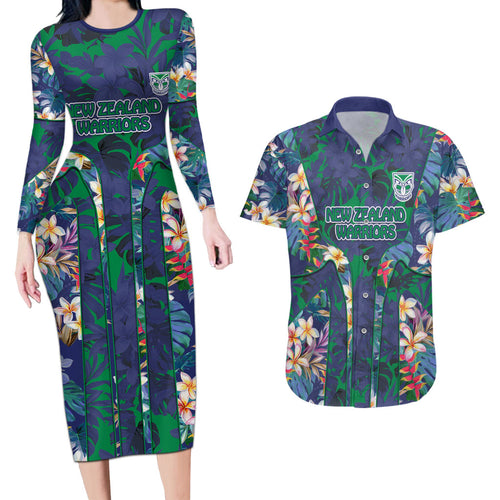 New Zealand Warriors Couples Matching Long Sleeve Bodycon Dress and Hawaiian Shirt Tropical Polynesian Floral Pattern With Green And Blue Accents
