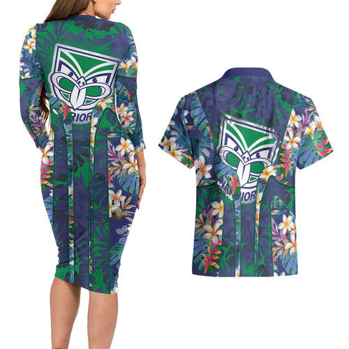 New Zealand Warriors Couples Matching Long Sleeve Bodycon Dress and Hawaiian Shirt Tropical Polynesian Floral Pattern With Green And Blue Accents