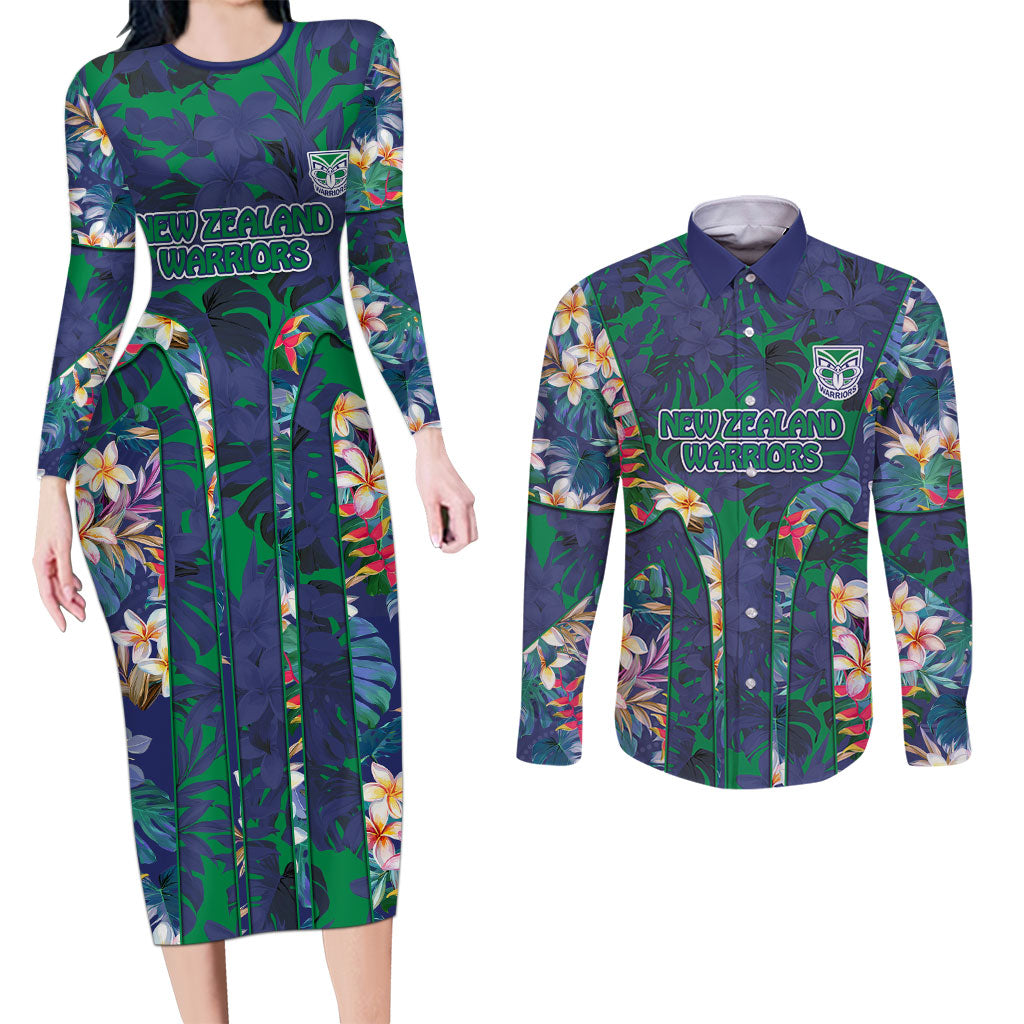 New Zealand Warriors Couples Matching Long Sleeve Bodycon Dress and Long Sleeve Button Shirt Tropical Polynesian Floral Pattern With Green And Blue Accents