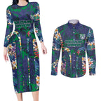 New Zealand Warriors Couples Matching Long Sleeve Bodycon Dress and Long Sleeve Button Shirt Tropical Polynesian Floral Pattern With Green And Blue Accents