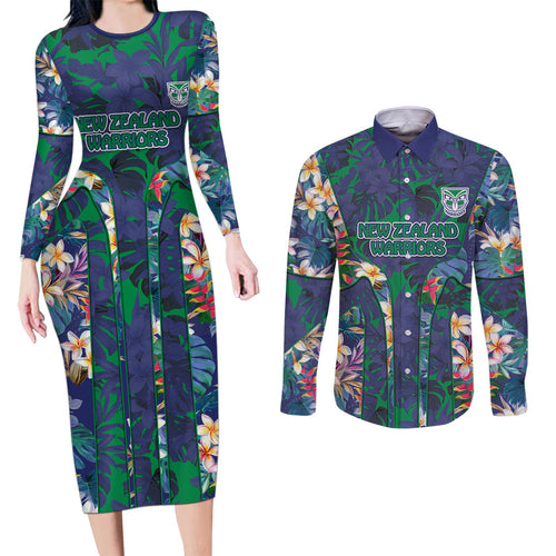 New Zealand Warriors Couples Matching Long Sleeve Bodycon Dress and Long Sleeve Button Shirt Tropical Polynesian Floral Pattern With Green And Blue Accents