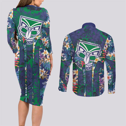 New Zealand Warriors Couples Matching Long Sleeve Bodycon Dress and Long Sleeve Button Shirt Tropical Polynesian Floral Pattern With Green And Blue Accents