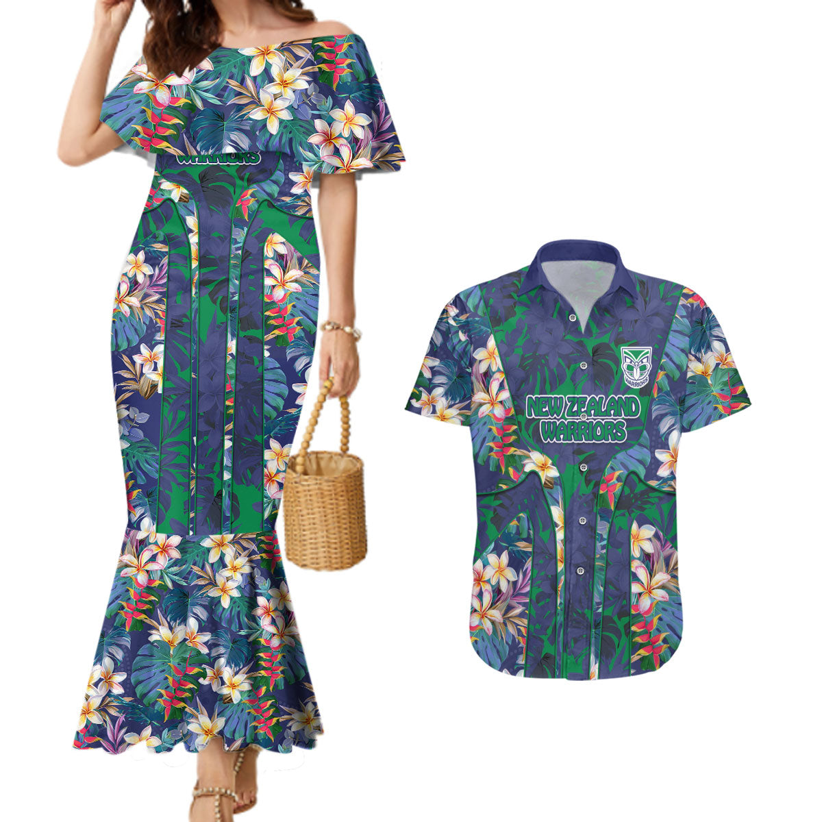 New Zealand Warriors Couples Matching Mermaid Dress and Hawaiian Shirt Tropical Polynesian Floral Pattern With Green And Blue Accents