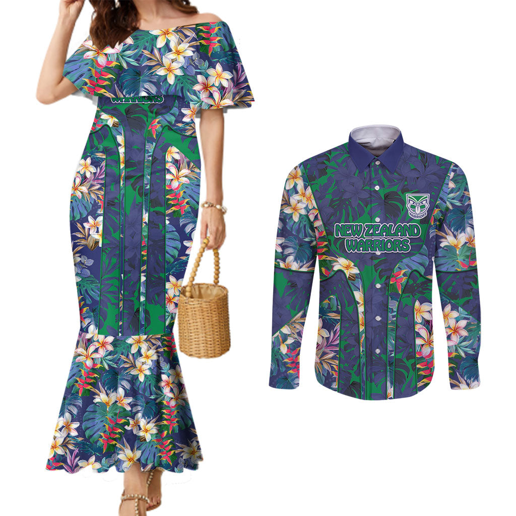 New Zealand Warriors Couples Matching Mermaid Dress and Long Sleeve Button Shirt Tropical Polynesian Floral Pattern With Green And Blue Accents