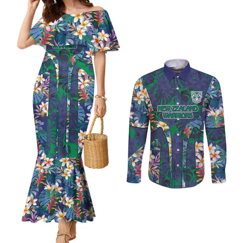 New Zealand Warriors Couples Matching Mermaid Dress and Long Sleeve Button Shirt Tropical Polynesian Floral Pattern With Green And Blue Accents