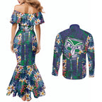 New Zealand Warriors Couples Matching Mermaid Dress and Long Sleeve Button Shirt Tropical Polynesian Floral Pattern With Green And Blue Accents