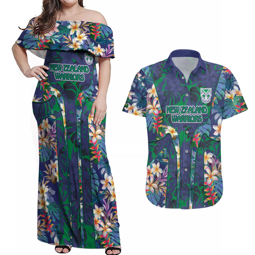 New Zealand Warriors Couples Matching Off Shoulder Maxi Dress and Hawaiian Shirt Tropical Polynesian Floral Pattern With Green And Blue Accents