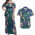 New Zealand Warriors Couples Matching Off Shoulder Maxi Dress and Hawaiian Shirt Tropical Polynesian Floral Pattern With Green And Blue Accents
