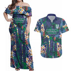 New Zealand Warriors Couples Matching Off Shoulder Maxi Dress and Hawaiian Shirt Tropical Polynesian Floral Pattern With Green And Blue Accents