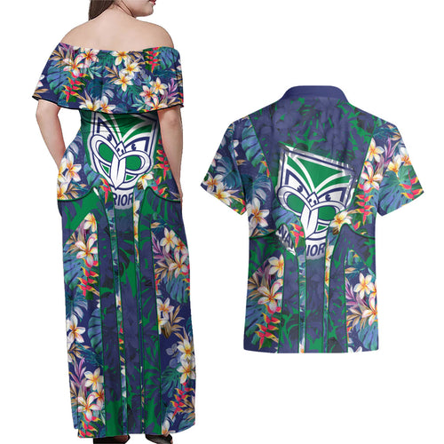 New Zealand Warriors Couples Matching Off Shoulder Maxi Dress and Hawaiian Shirt Tropical Polynesian Floral Pattern With Green And Blue Accents
