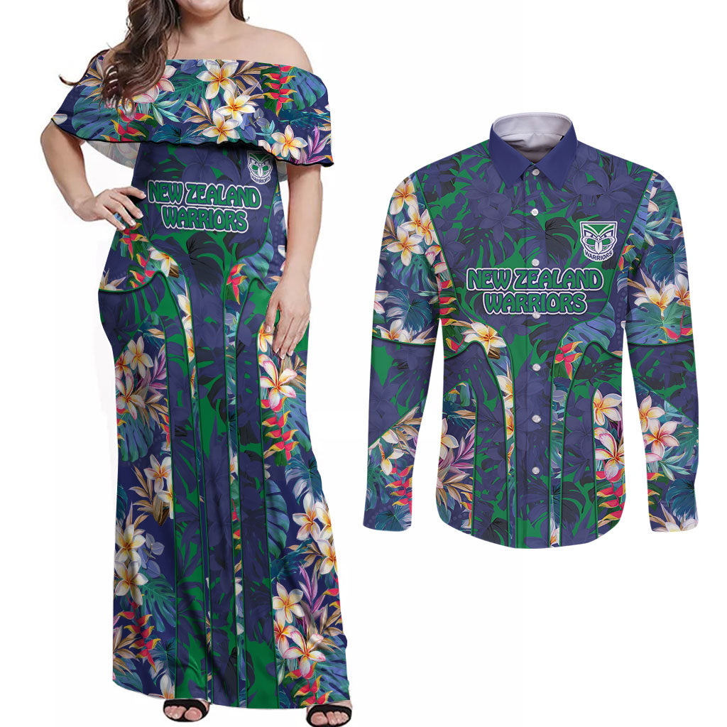 New Zealand Warriors Couples Matching Off Shoulder Maxi Dress and Long Sleeve Button Shirt Tropical Polynesian Floral Pattern With Green And Blue Accents