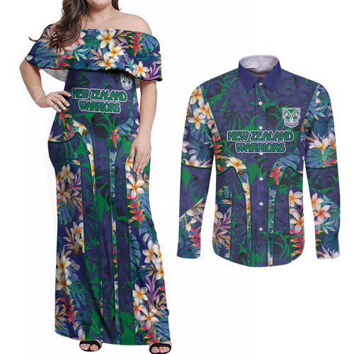 New Zealand Warriors Couples Matching Off Shoulder Maxi Dress and Long Sleeve Button Shirt Tropical Polynesian Floral Pattern With Green And Blue Accents