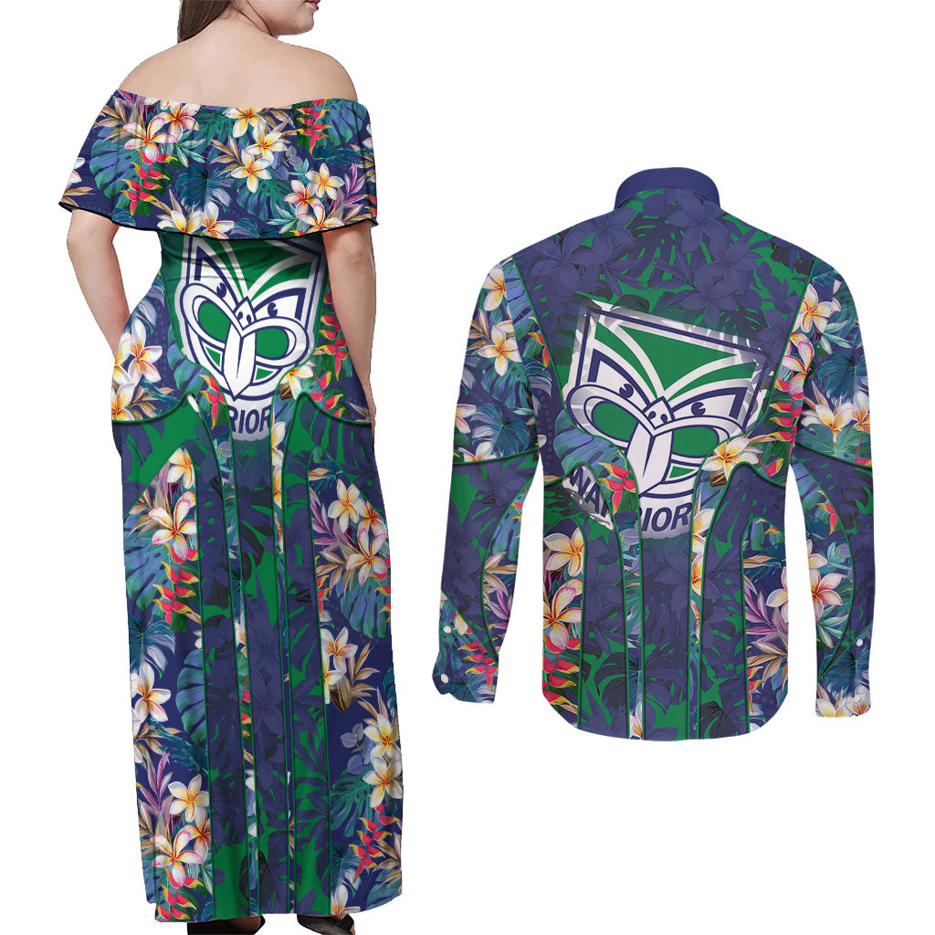 New Zealand Warriors Couples Matching Off Shoulder Maxi Dress and Long Sleeve Button Shirt Tropical Polynesian Floral Pattern With Green And Blue Accents