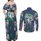 New Zealand Warriors Couples Matching Off Shoulder Maxi Dress and Long Sleeve Button Shirt Tropical Polynesian Floral Pattern With Green And Blue Accents