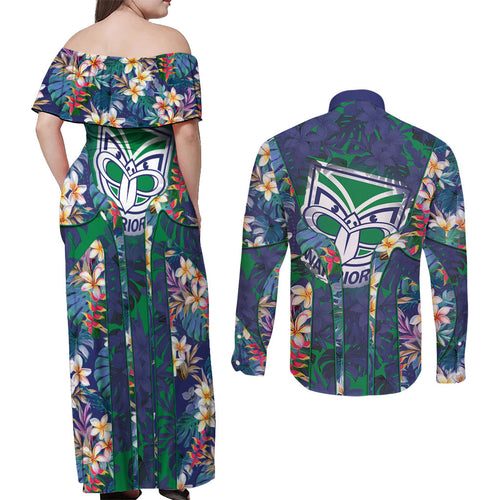 New Zealand Warriors Couples Matching Off Shoulder Maxi Dress and Long Sleeve Button Shirt Tropical Polynesian Floral Pattern With Green And Blue Accents