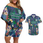 New Zealand Warriors Couples Matching Off Shoulder Short Dress and Hawaiian Shirt Tropical Polynesian Floral Pattern With Green And Blue Accents