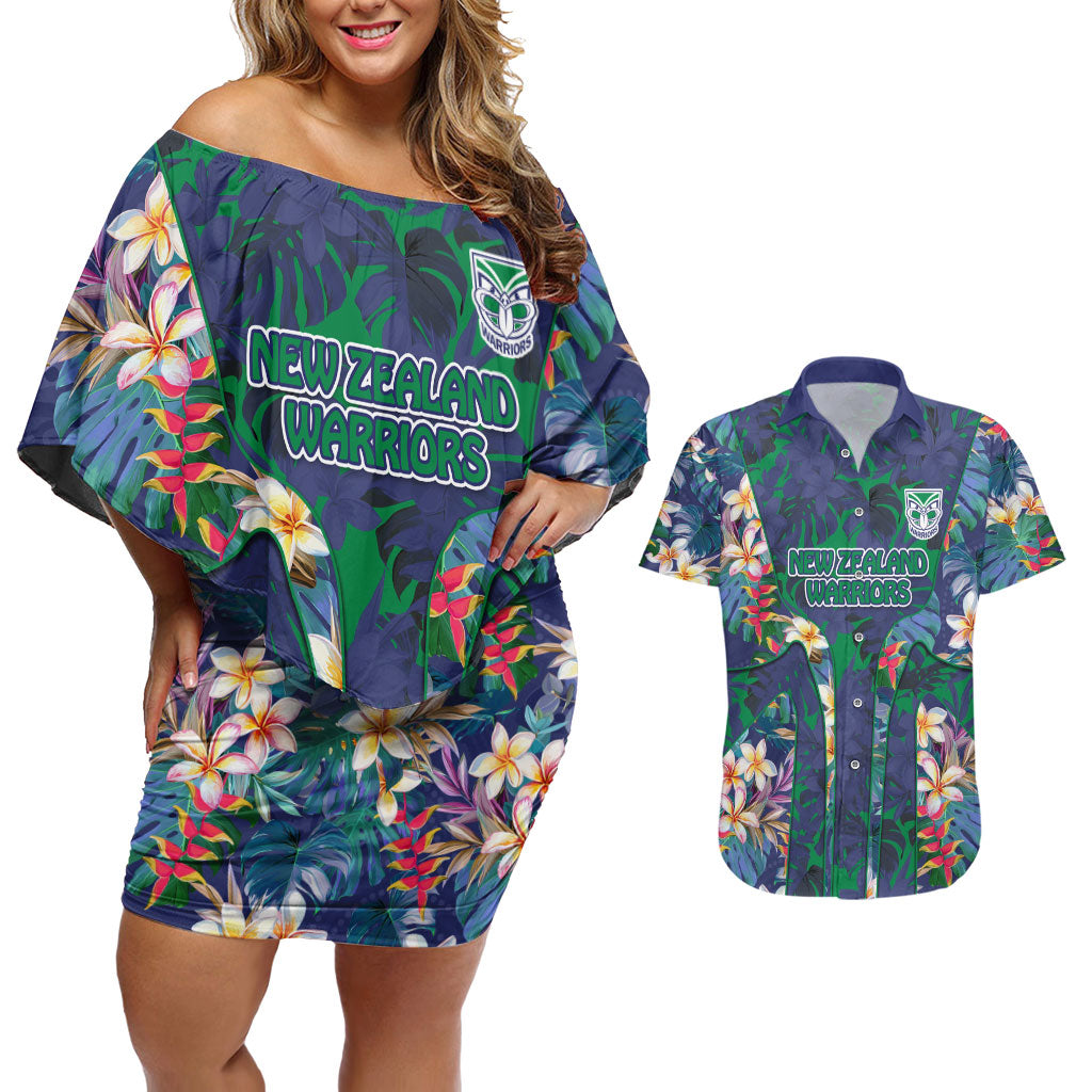 New Zealand Warriors Couples Matching Off Shoulder Short Dress and Hawaiian Shirt Tropical Polynesian Floral Pattern With Green And Blue Accents