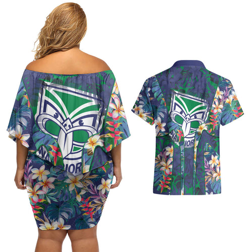New Zealand Warriors Couples Matching Off Shoulder Short Dress and Hawaiian Shirt Tropical Polynesian Floral Pattern With Green And Blue Accents