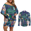 New Zealand Warriors Couples Matching Off Shoulder Short Dress and Long Sleeve Button Shirt Tropical Polynesian Floral Pattern With Green And Blue Accents