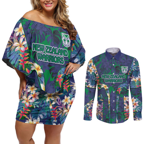 New Zealand Warriors Couples Matching Off Shoulder Short Dress and Long Sleeve Button Shirt Tropical Polynesian Floral Pattern With Green And Blue Accents