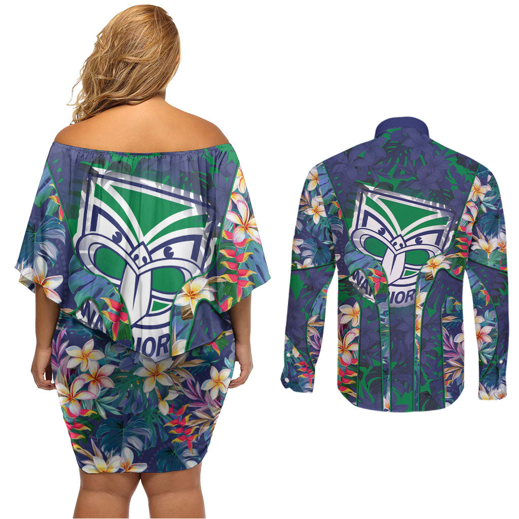 New Zealand Warriors Couples Matching Off Shoulder Short Dress and Long Sleeve Button Shirt Tropical Polynesian Floral Pattern With Green And Blue Accents