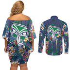 New Zealand Warriors Couples Matching Off Shoulder Short Dress and Long Sleeve Button Shirt Tropical Polynesian Floral Pattern With Green And Blue Accents