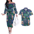 New Zealand Warriors Couples Matching Off The Shoulder Long Sleeve Dress and Hawaiian Shirt Tropical Polynesian Floral Pattern With Green And Blue Accents