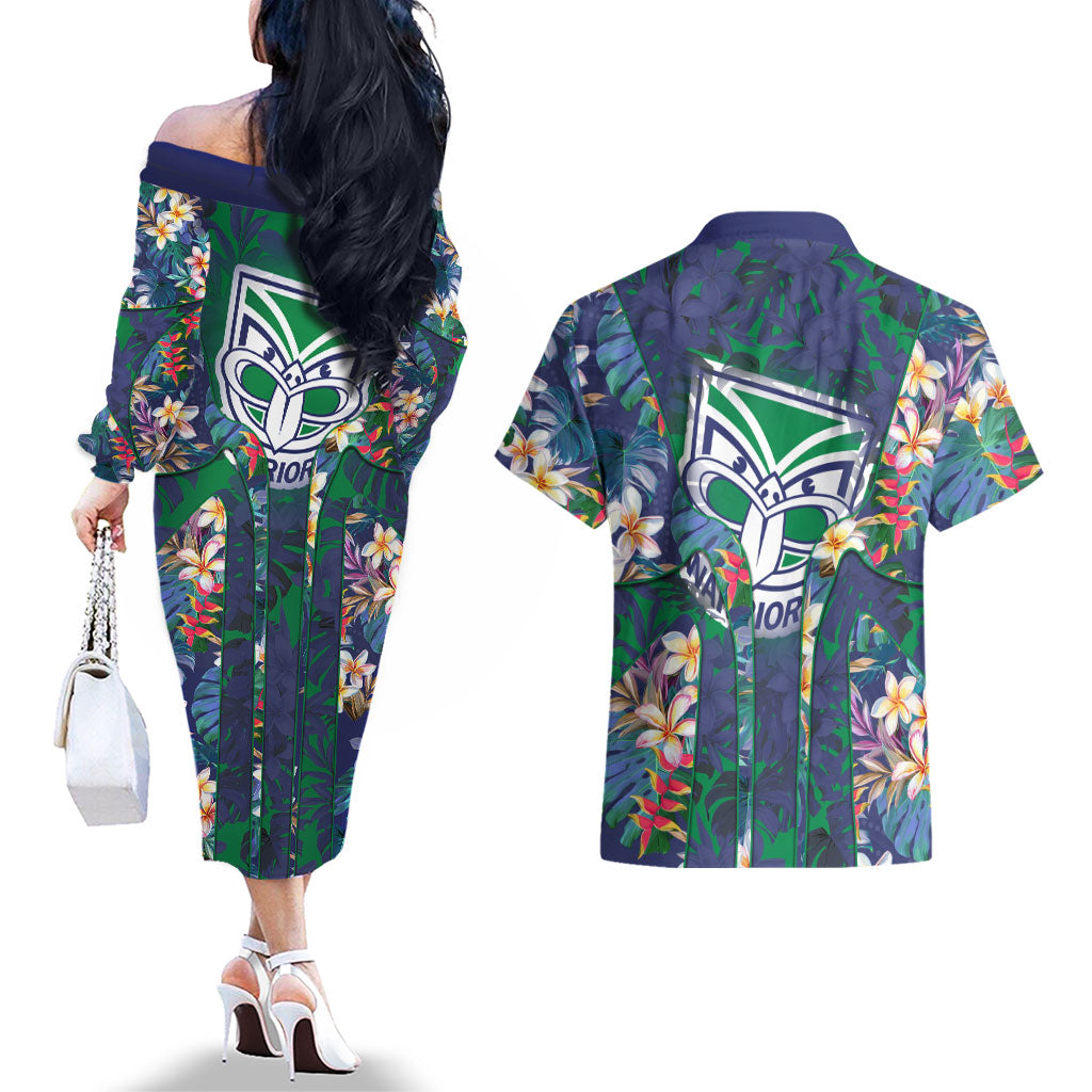 New Zealand Warriors Couples Matching Off The Shoulder Long Sleeve Dress and Hawaiian Shirt Tropical Polynesian Floral Pattern With Green And Blue Accents