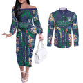 New Zealand Warriors Couples Matching Off The Shoulder Long Sleeve Dress and Long Sleeve Button Shirt Tropical Polynesian Floral Pattern With Green And Blue Accents