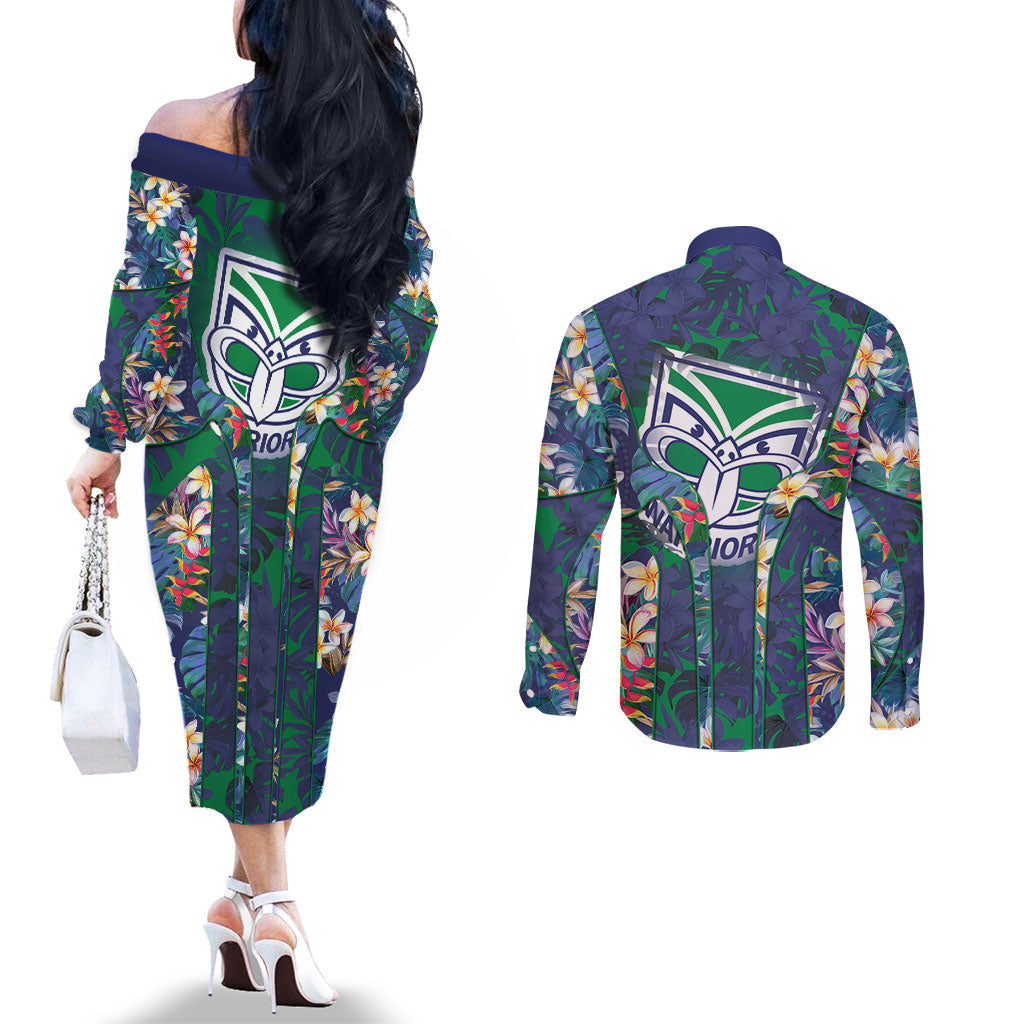 New Zealand Warriors Couples Matching Off The Shoulder Long Sleeve Dress and Long Sleeve Button Shirt Tropical Polynesian Floral Pattern With Green And Blue Accents