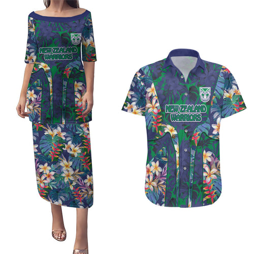 New Zealand Warriors Couples Matching Puletasi and Hawaiian Shirt Tropical Polynesian Floral Pattern With Green And Blue Accents