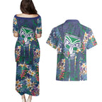 New Zealand Warriors Couples Matching Puletasi and Hawaiian Shirt Tropical Polynesian Floral Pattern With Green And Blue Accents