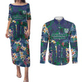New Zealand Warriors Couples Matching Puletasi and Long Sleeve Button Shirt Tropical Polynesian Floral Pattern With Green And Blue Accents