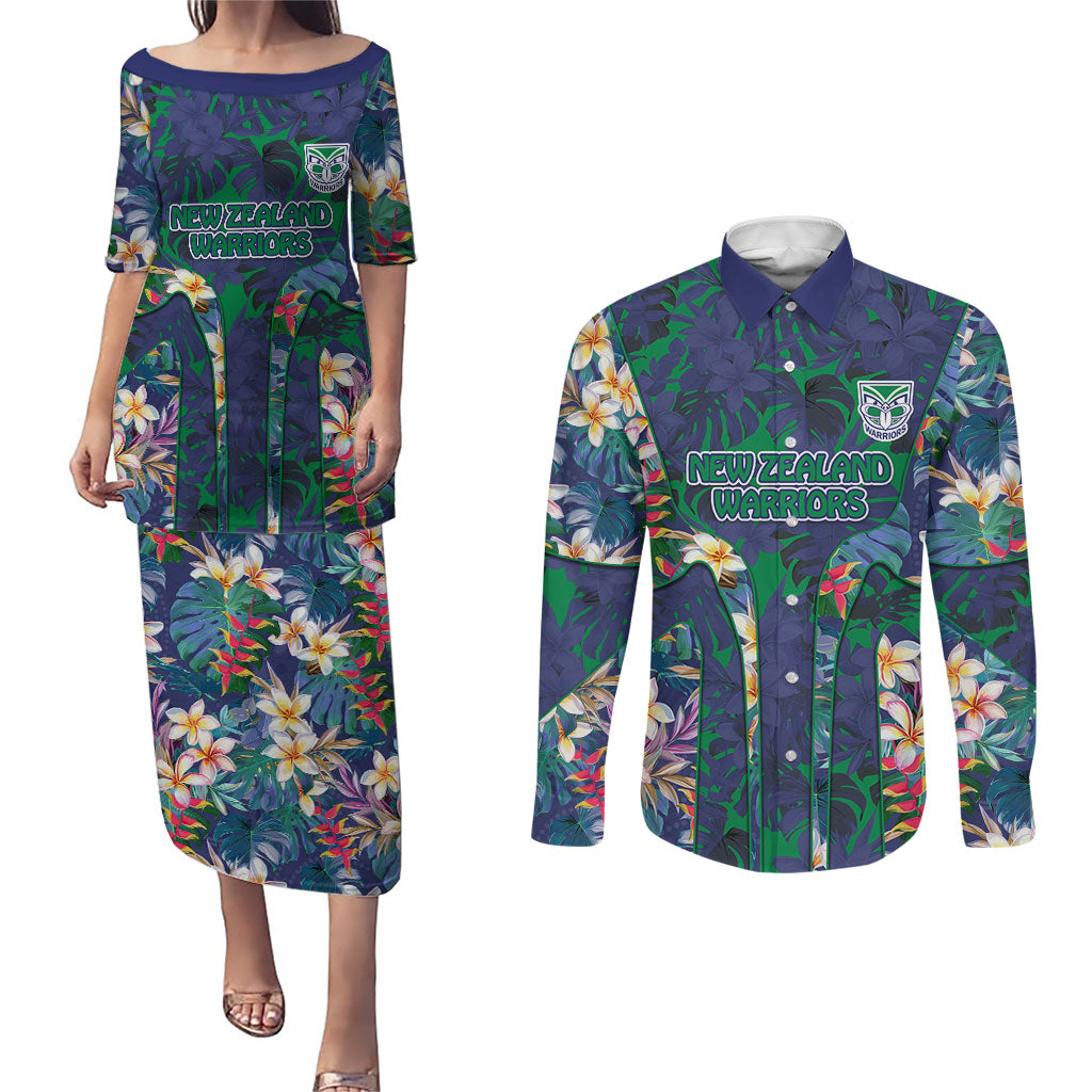 New Zealand Warriors Couples Matching Puletasi and Long Sleeve Button Shirt Tropical Polynesian Floral Pattern With Green And Blue Accents