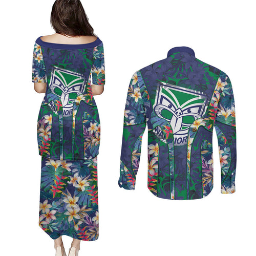 New Zealand Warriors Couples Matching Puletasi and Long Sleeve Button Shirt Tropical Polynesian Floral Pattern With Green And Blue Accents