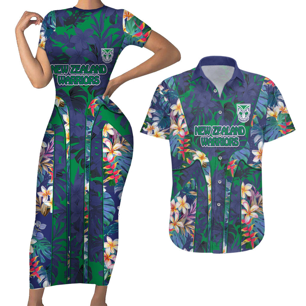 New Zealand Warriors Couples Matching Short Sleeve Bodycon Dress and Hawaiian Shirt Tropical Polynesian Floral Pattern With Green And Blue Accents