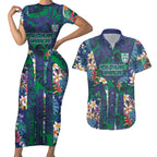 New Zealand Warriors Couples Matching Short Sleeve Bodycon Dress and Hawaiian Shirt Tropical Polynesian Floral Pattern With Green And Blue Accents