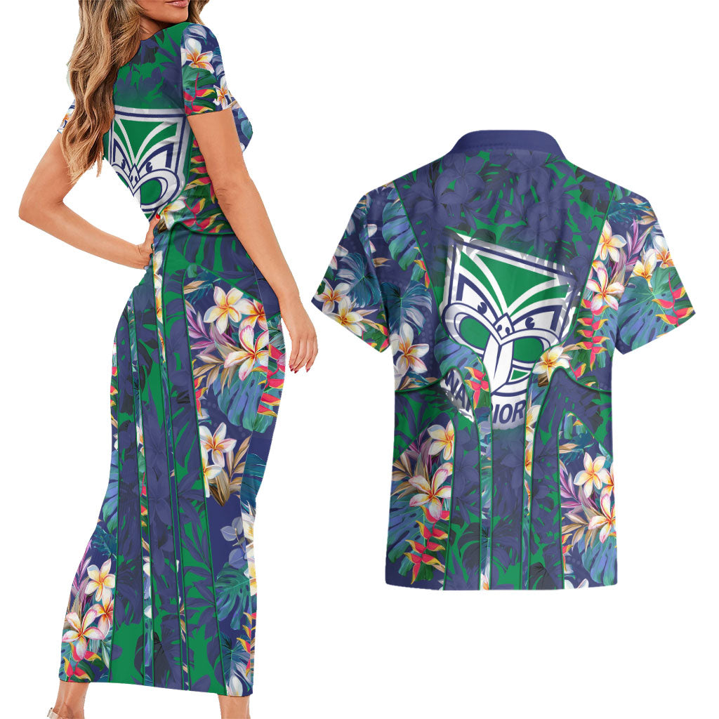 New Zealand Warriors Couples Matching Short Sleeve Bodycon Dress and Hawaiian Shirt Tropical Polynesian Floral Pattern With Green And Blue Accents