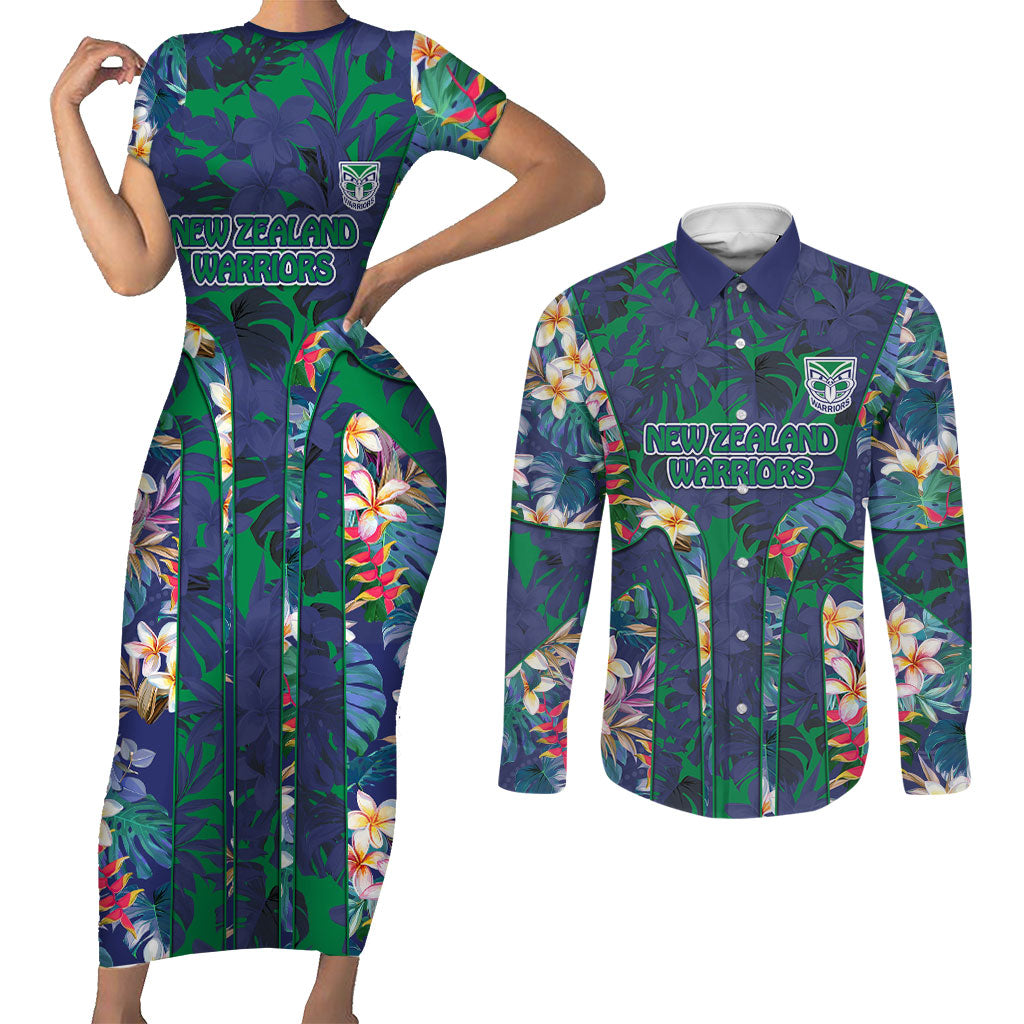 New Zealand Warriors Couples Matching Short Sleeve Bodycon Dress and Long Sleeve Button Shirt Tropical Polynesian Floral Pattern With Green And Blue Accents