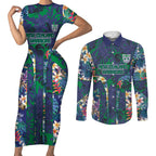 New Zealand Warriors Couples Matching Short Sleeve Bodycon Dress and Long Sleeve Button Shirt Tropical Polynesian Floral Pattern With Green And Blue Accents