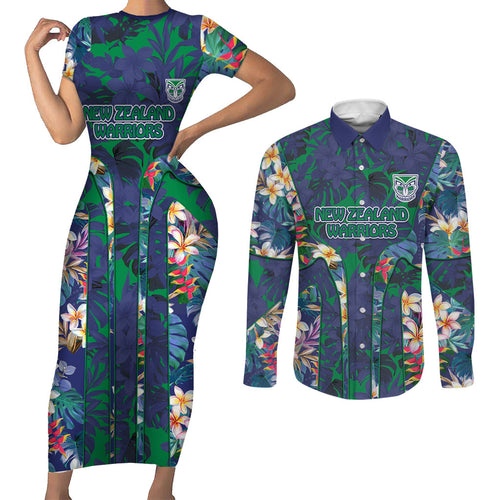 New Zealand Warriors Couples Matching Short Sleeve Bodycon Dress and Long Sleeve Button Shirt Tropical Polynesian Floral Pattern With Green And Blue Accents