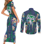 New Zealand Warriors Couples Matching Short Sleeve Bodycon Dress and Long Sleeve Button Shirt Tropical Polynesian Floral Pattern With Green And Blue Accents