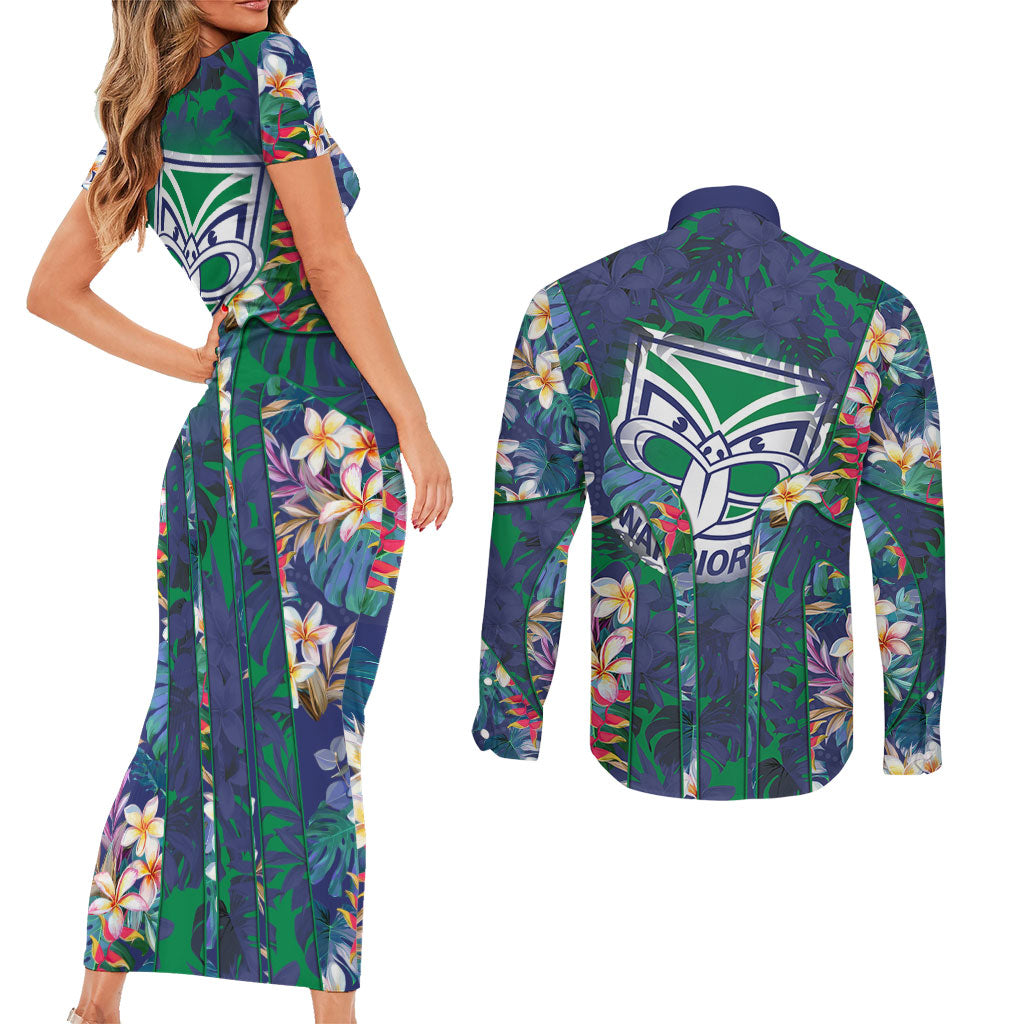 New Zealand Warriors Couples Matching Short Sleeve Bodycon Dress and Long Sleeve Button Shirt Tropical Polynesian Floral Pattern With Green And Blue Accents