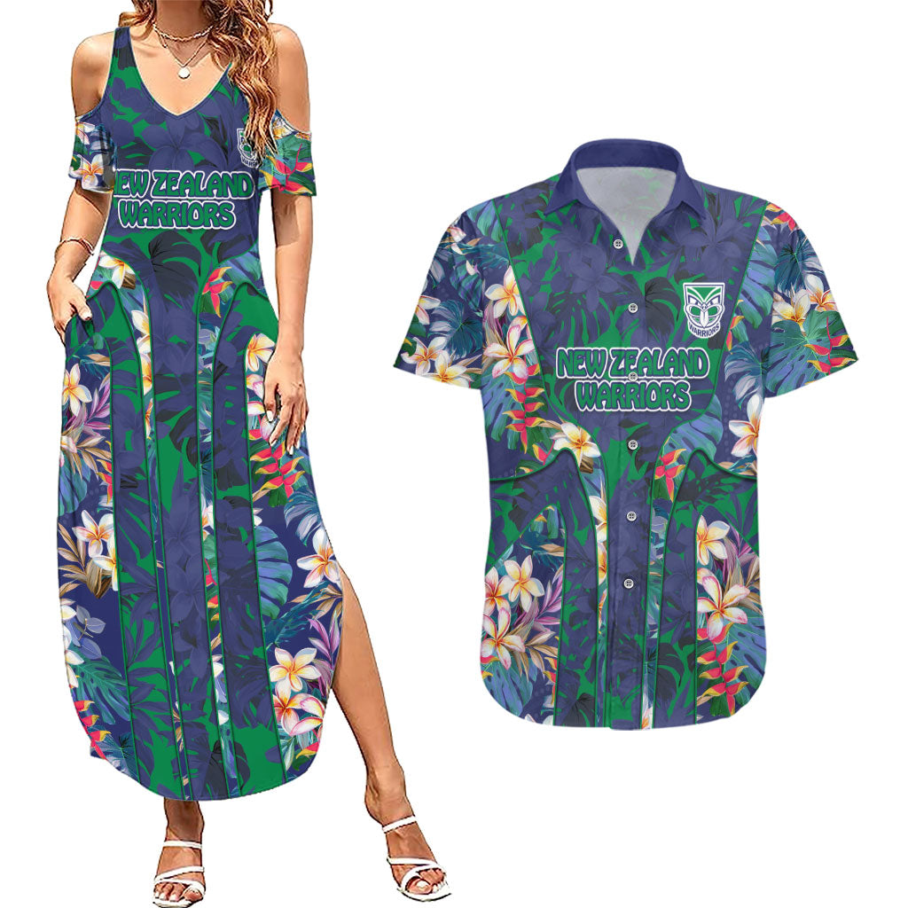New Zealand Warriors Couples Matching Summer Maxi Dress and Hawaiian Shirt Tropical Polynesian Floral Pattern With Green And Blue Accents