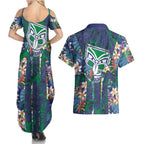 New Zealand Warriors Couples Matching Summer Maxi Dress and Hawaiian Shirt Tropical Polynesian Floral Pattern With Green And Blue Accents