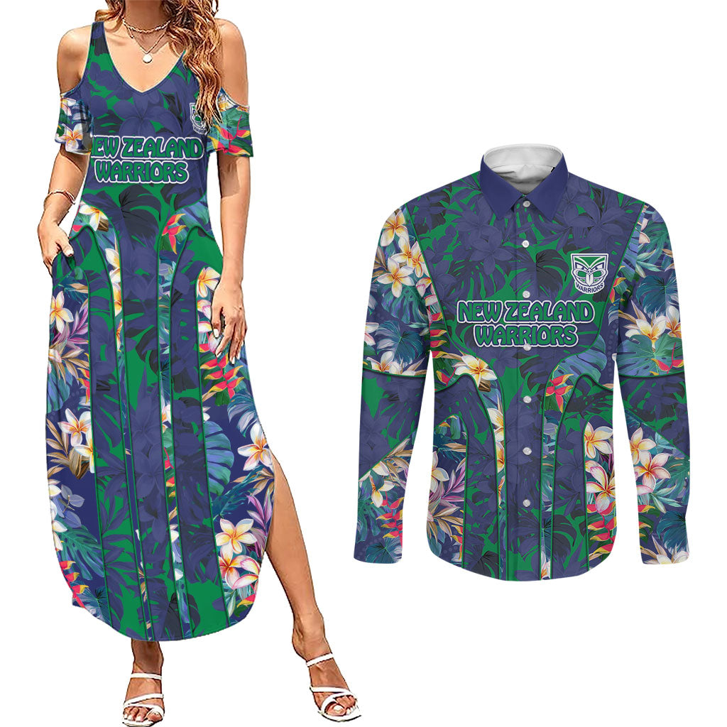 New Zealand Warriors Couples Matching Summer Maxi Dress and Long Sleeve Button Shirt Tropical Polynesian Floral Pattern With Green And Blue Accents