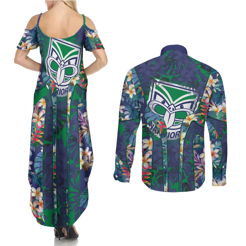 New Zealand Warriors Couples Matching Summer Maxi Dress and Long Sleeve Button Shirt Tropical Polynesian Floral Pattern With Green And Blue Accents