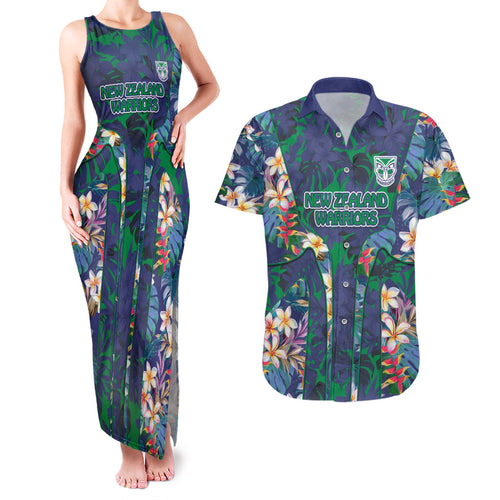New Zealand Warriors Couples Matching Tank Maxi Dress and Hawaiian Shirt Tropical Polynesian Floral Pattern With Green And Blue Accents