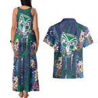 New Zealand Warriors Couples Matching Tank Maxi Dress and Hawaiian Shirt Tropical Polynesian Floral Pattern With Green And Blue Accents